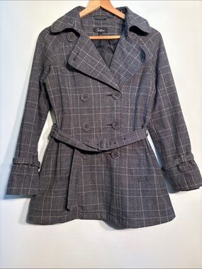 Tattoo Gray Plaid Double-Breasted Belted Trench Coat